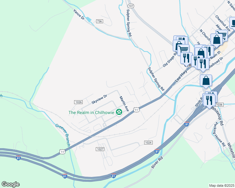 map of restaurants, bars, coffee shops, grocery stores, and more near 338 Martin Avenue in Chilhowie