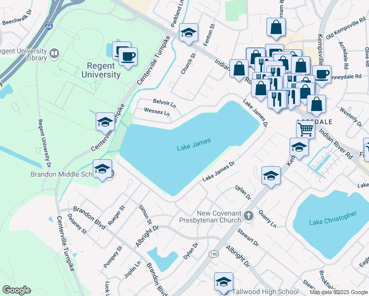 map of restaurants, bars, coffee shops, grocery stores, and more near 1457 Lake James Drive in Virginia Beach
