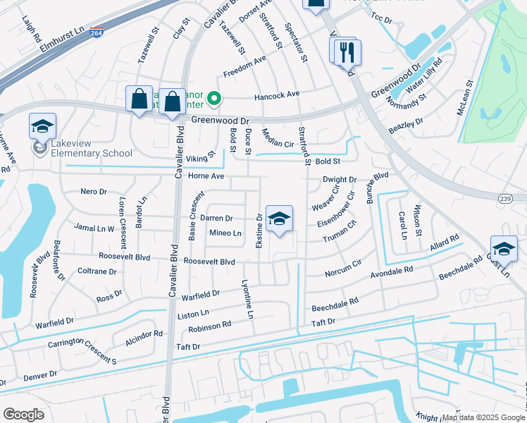 map of restaurants, bars, coffee shops, grocery stores, and more near 1415 Ekstine Drive in Portsmouth
