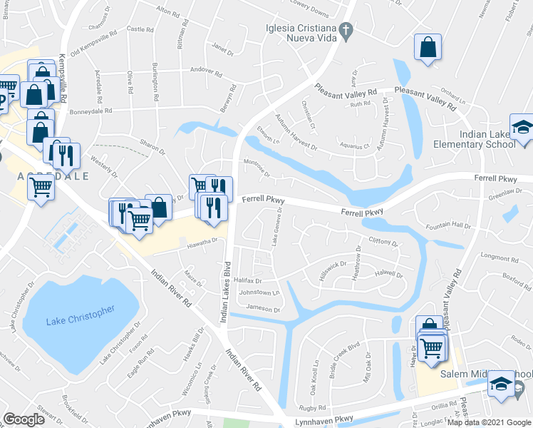 map of restaurants, bars, coffee shops, grocery stores, and more near 5219 Lake Victoria Arch in Virginia Beach