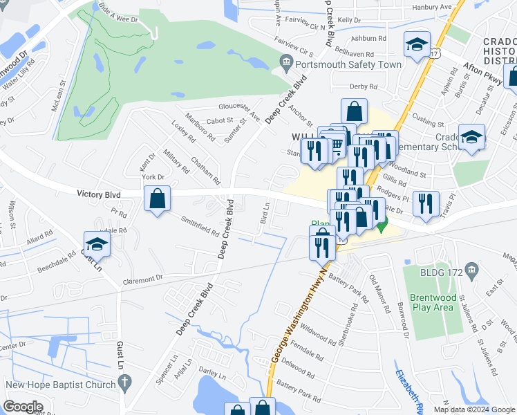 map of restaurants, bars, coffee shops, grocery stores, and more near 2513 Victory Boulevard in Portsmouth