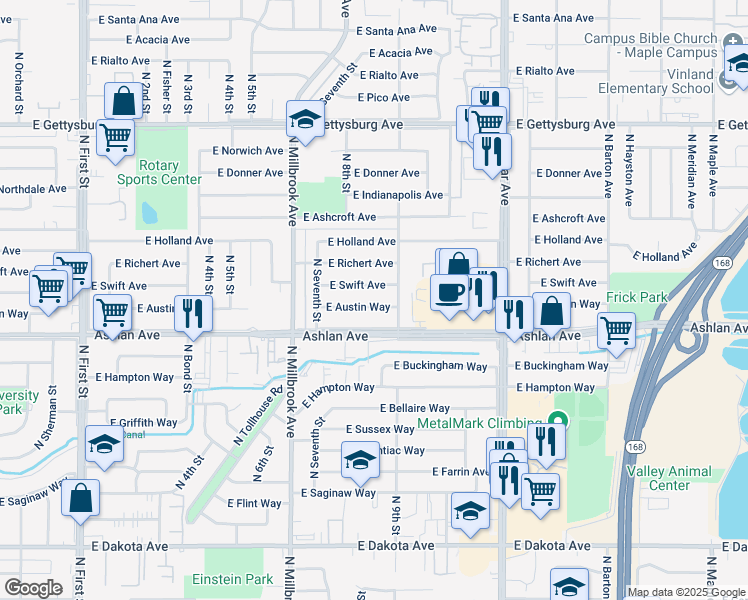 map of restaurants, bars, coffee shops, grocery stores, and more near 3842 East Austin Way in Fresno