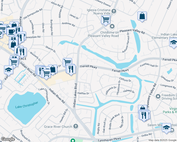 map of restaurants, bars, coffee shops, grocery stores, and more near 5219 Lake Victoria Arch in Virginia Beach