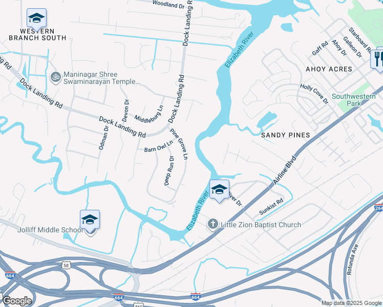 map of restaurants, bars, coffee shops, grocery stores, and more near 1532 Pine Grove Lane in Chesapeake