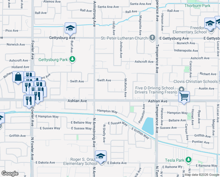 map of restaurants, bars, coffee shops, grocery stores, and more near 2296 Austin Avenue in Fresno