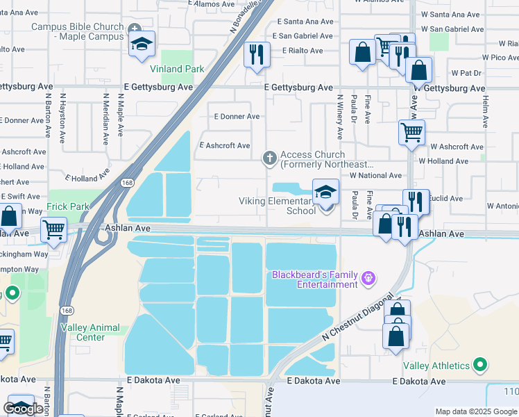 map of restaurants, bars, coffee shops, grocery stores, and more near in Fresno