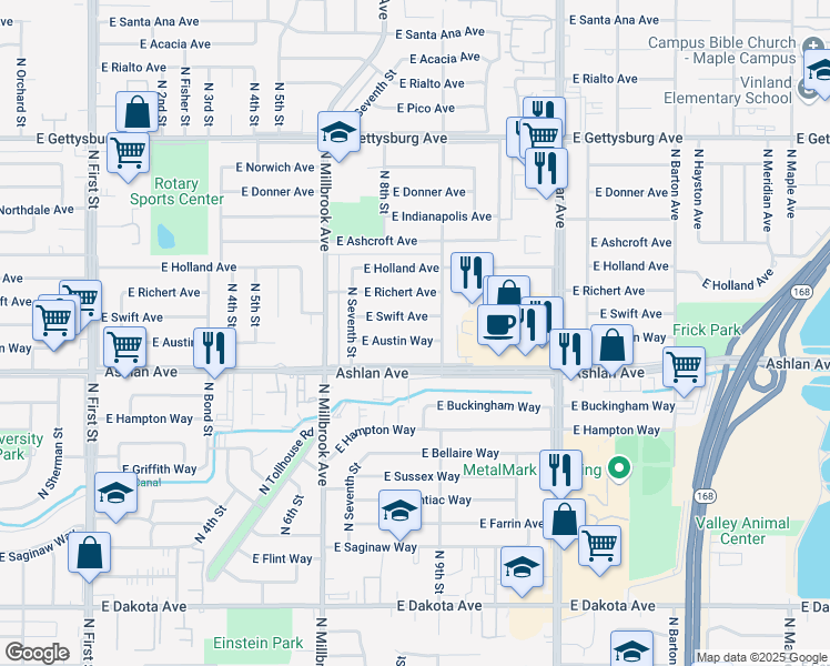 map of restaurants, bars, coffee shops, grocery stores, and more near 3842 East Austin Way in Fresno