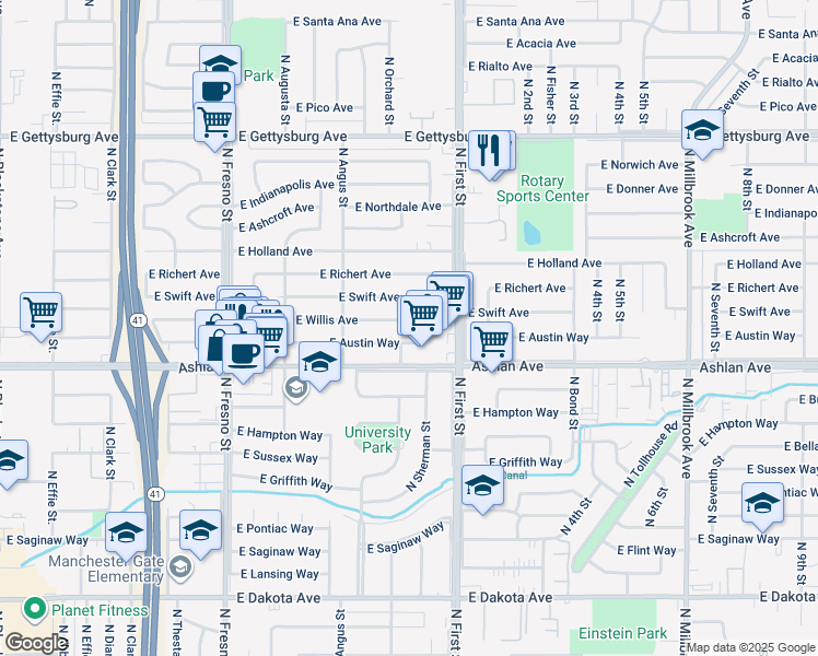 map of restaurants, bars, coffee shops, grocery stores, and more near 2987 East Austin Way in Fresno