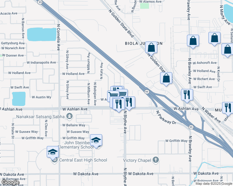 map of restaurants, bars, coffee shops, grocery stores, and more near 4111 North Blythe Avenue in Fresno