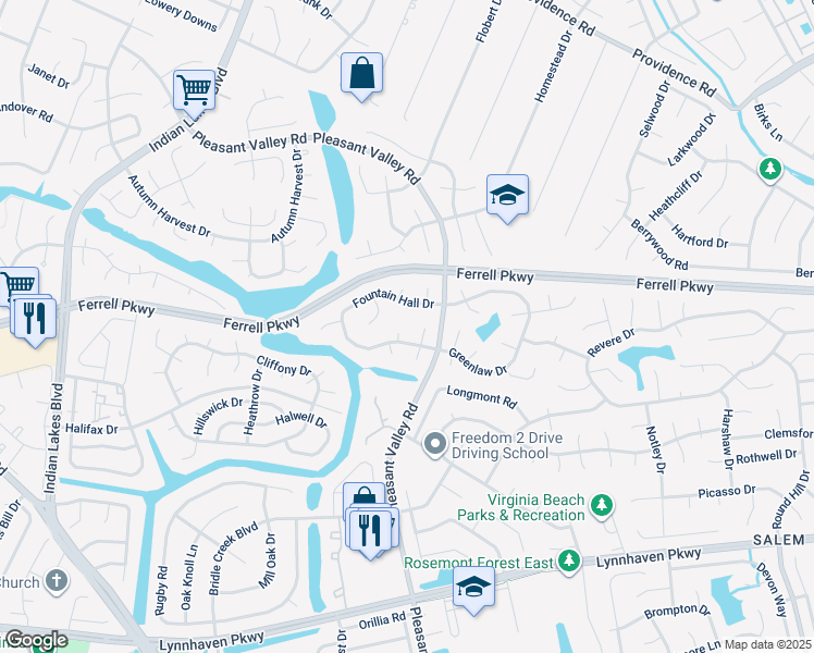 map of restaurants, bars, coffee shops, grocery stores, and more near 1325 Freshwater Circle in Virginia Beach