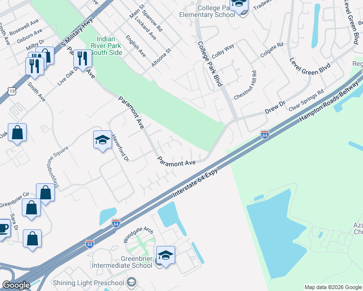 map of restaurants, bars, coffee shops, grocery stores, and more near 14 Keswick Circle in Chesapeake