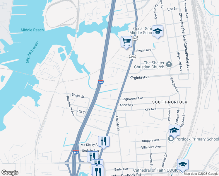 map of restaurants, bars, coffee shops, grocery stores, and more near 1016 Rowland Avenue in Chesapeake