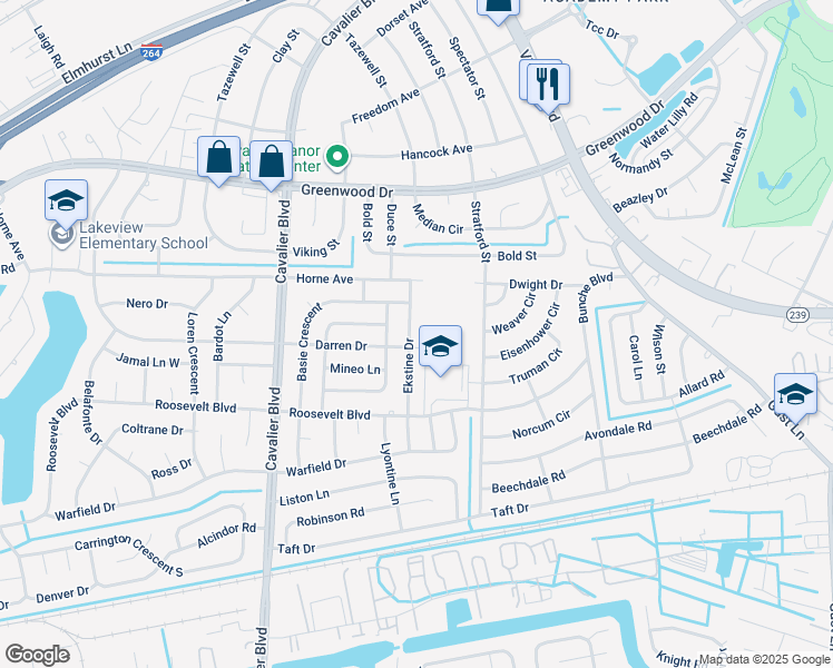 map of restaurants, bars, coffee shops, grocery stores, and more near 1415 Ekstine Drive in Portsmouth