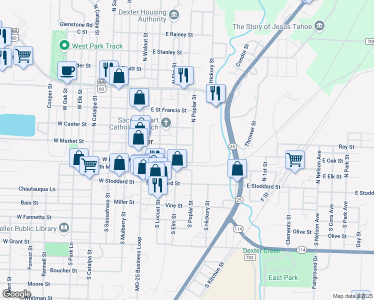 map of restaurants, bars, coffee shops, grocery stores, and more near 205 North Poplar Street in Dexter