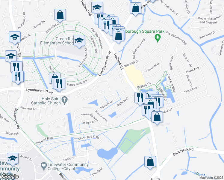 map of restaurants, bars, coffee shops, grocery stores, and more near 1304 Green Cedar Lane in Virginia Beach