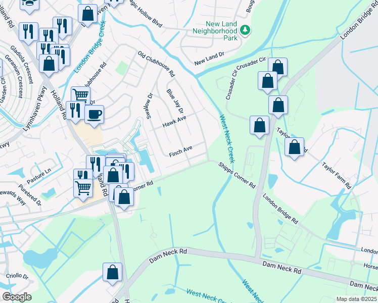 map of restaurants, bars, coffee shops, grocery stores, and more near 2917 Finch Avenue in Virginia Beach