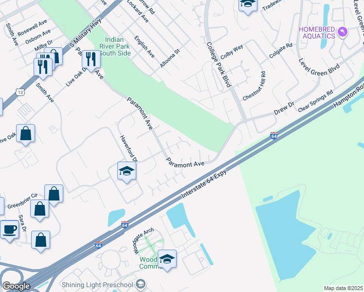 map of restaurants, bars, coffee shops, grocery stores, and more near 6 Glouchester Circle in Chesapeake