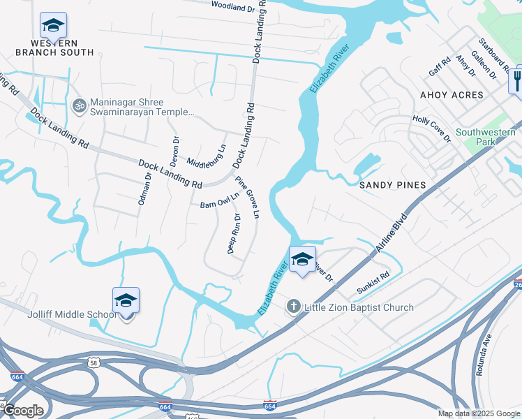 map of restaurants, bars, coffee shops, grocery stores, and more near 1532 Pine Grove Lane in Chesapeake