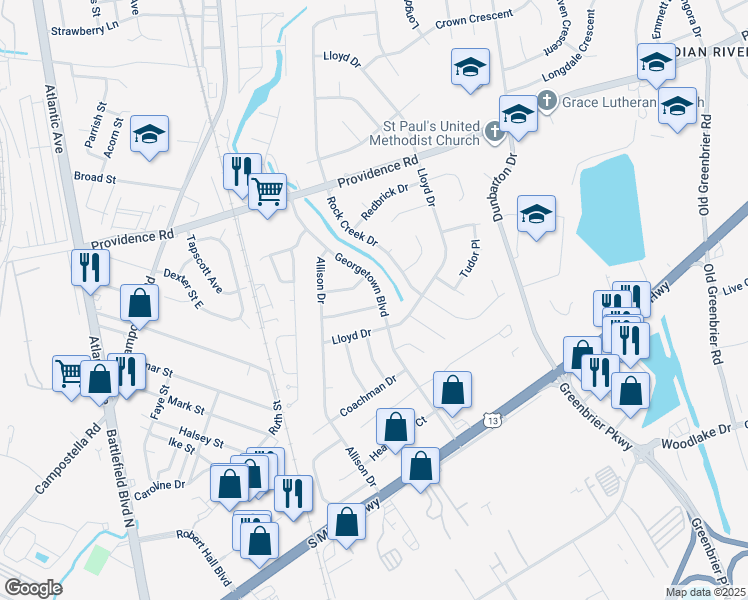 map of restaurants, bars, coffee shops, grocery stores, and more near 2212 Georgetown Boulevard in Chesapeake