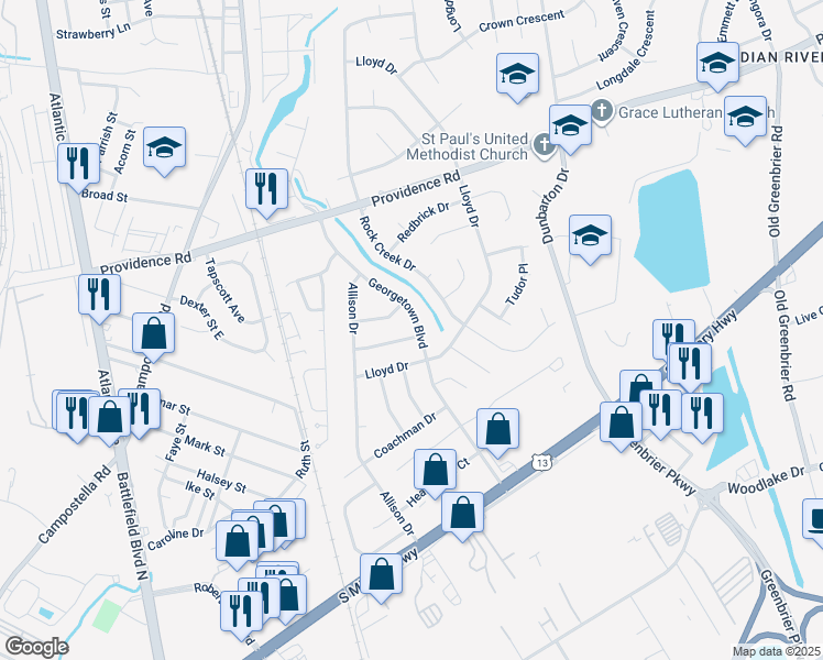 map of restaurants, bars, coffee shops, grocery stores, and more near 2212 Georgetown Boulevard in Chesapeake
