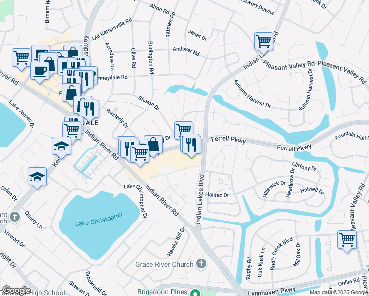 map of restaurants, bars, coffee shops, grocery stores, and more near 5020 Ferrell Parkway in Virginia Beach