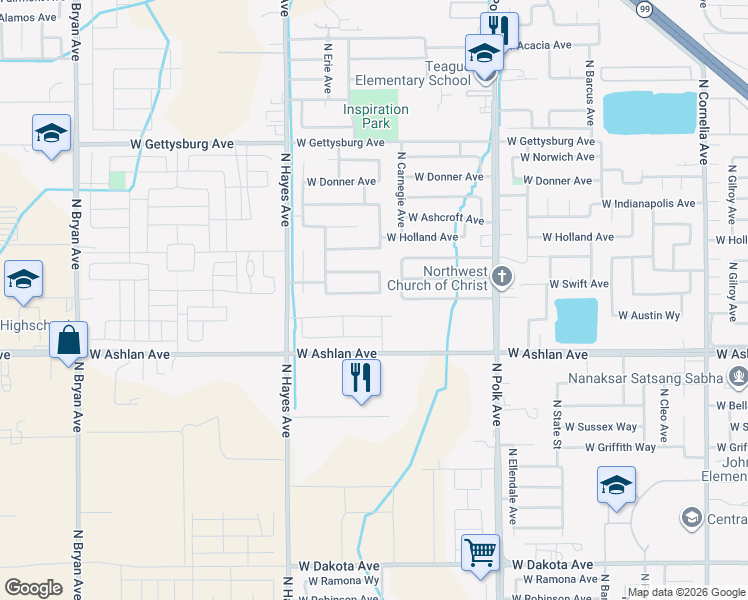 map of restaurants, bars, coffee shops, grocery stores, and more near 5775 West Willis Avenue in Fresno
