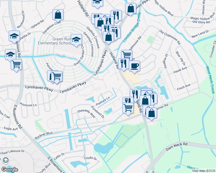 map of restaurants, bars, coffee shops, grocery stores, and more near 3424 Stirrup Way in Virginia Beach
