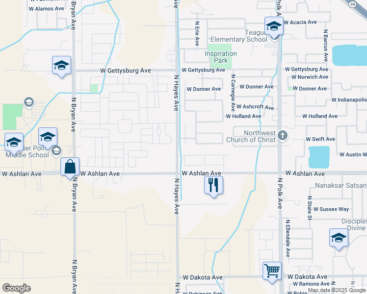 map of restaurants, bars, coffee shops, grocery stores, and more near 4133 North Bain Avenue in Fresno