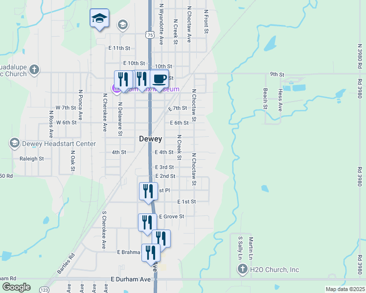 map of restaurants, bars, coffee shops, grocery stores, and more near 705 East 4th Street in Dewey