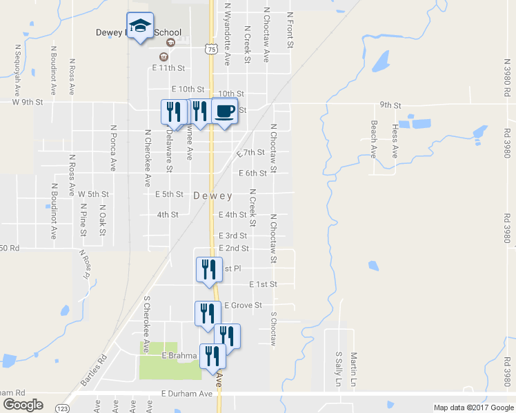 map of restaurants, bars, coffee shops, grocery stores, and more near 705 East 4th Street in Dewey