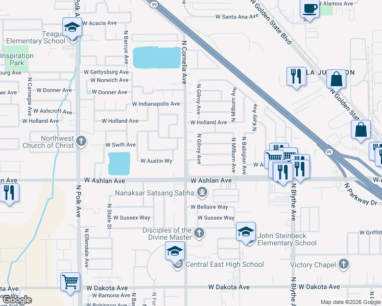 map of restaurants, bars, coffee shops, grocery stores, and more near 4776 West Austin Way in Fresno