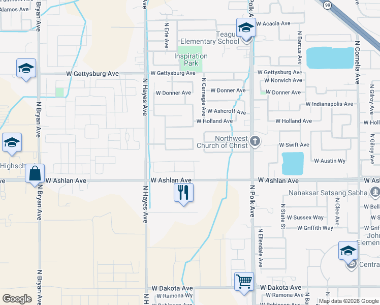 map of restaurants, bars, coffee shops, grocery stores, and more near 5775 West Willis Avenue in Fresno