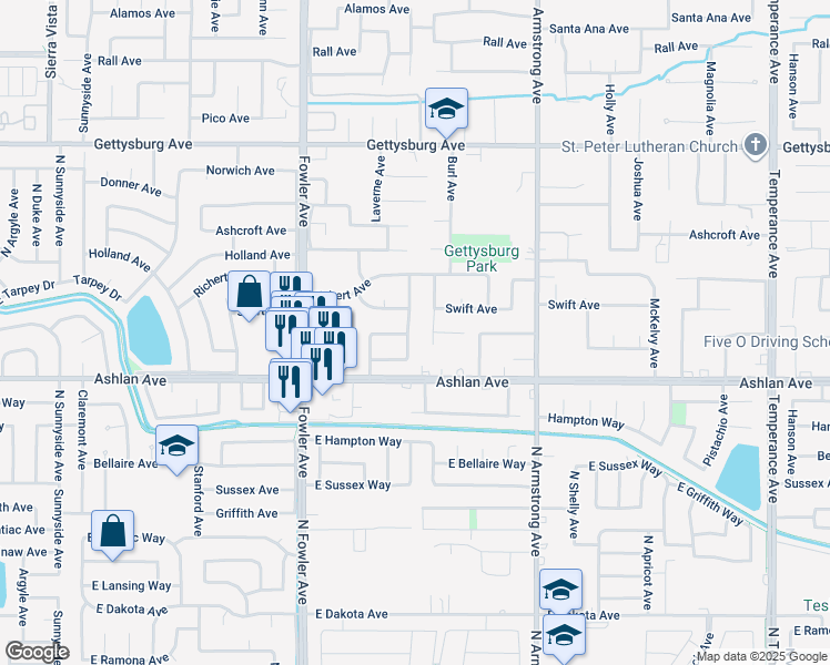 map of restaurants, bars, coffee shops, grocery stores, and more near 3146 Burl Avenue in Clovis