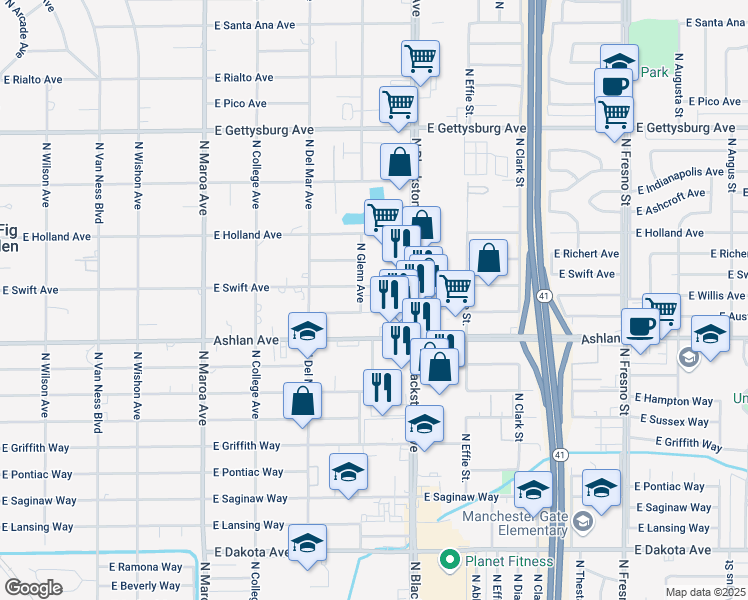 map of restaurants, bars, coffee shops, grocery stores, and more near 4245 North Blackstone Avenue in Fresno