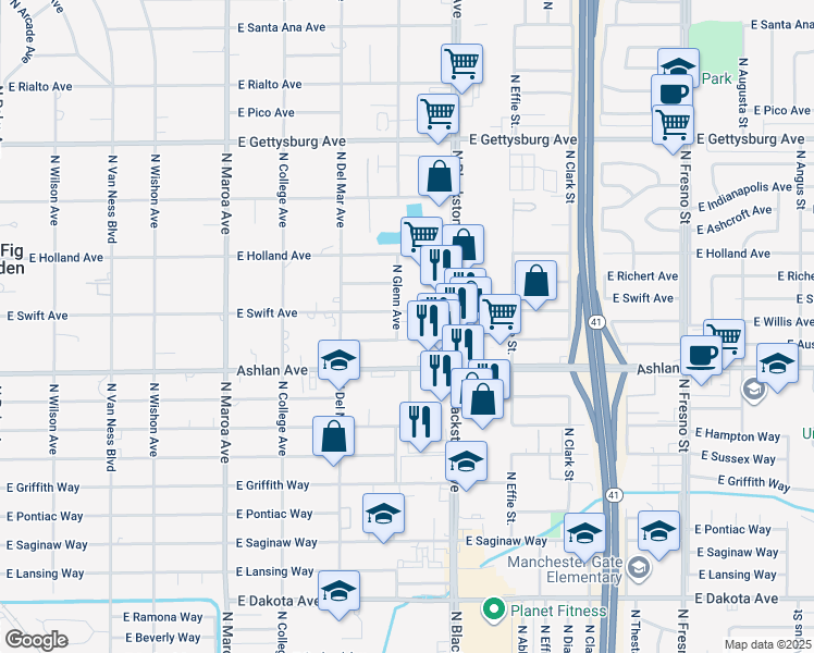 map of restaurants, bars, coffee shops, grocery stores, and more near 1446 East Austin Way in Fresno