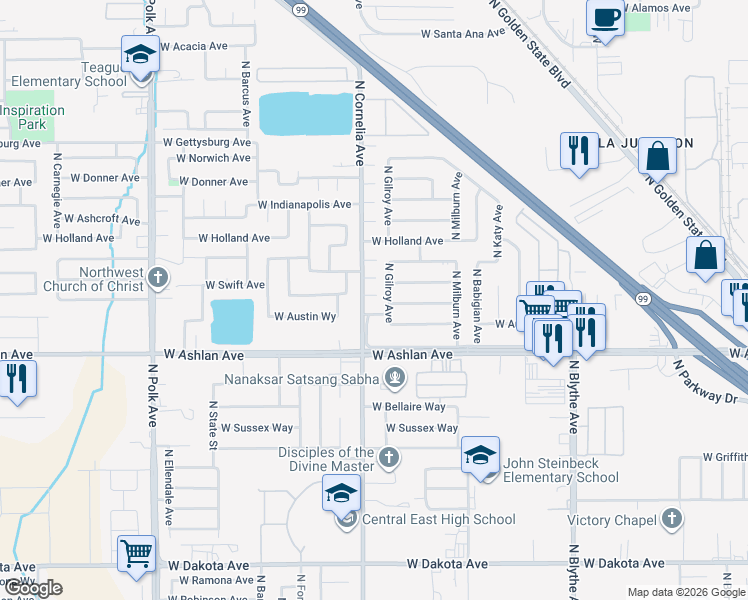 map of restaurants, bars, coffee shops, grocery stores, and more near 4776 West Austin Way in Fresno