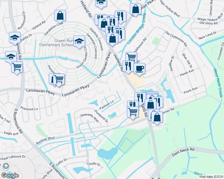 map of restaurants, bars, coffee shops, grocery stores, and more near 3424 Stirrup Way in Virginia Beach