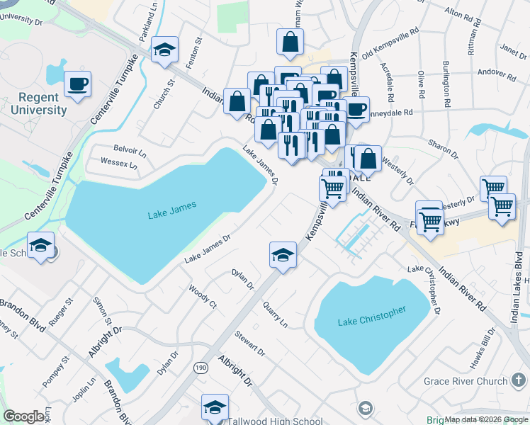map of restaurants, bars, coffee shops, grocery stores, and more near 1503 Brenland Circle in Virginia Beach