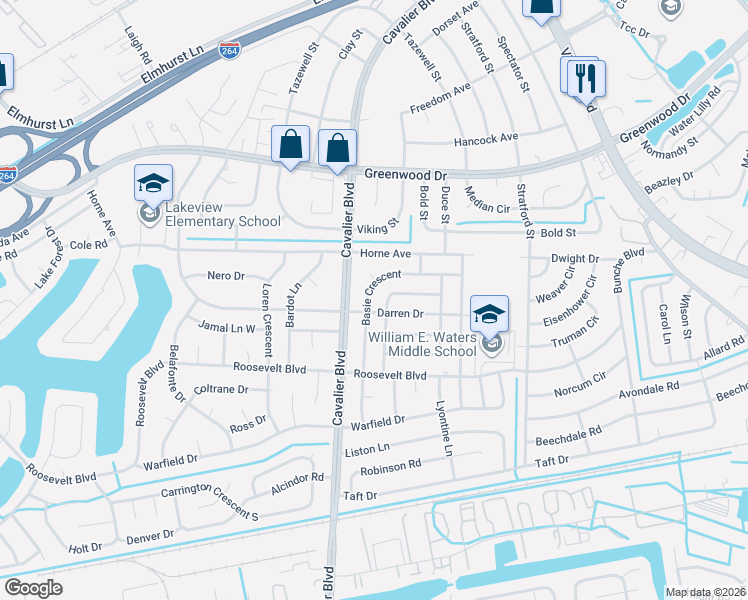 map of restaurants, bars, coffee shops, grocery stores, and more near 1002 Darren Drive in Portsmouth
