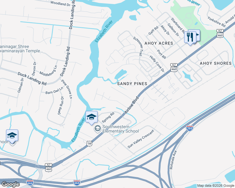 map of restaurants, bars, coffee shops, grocery stores, and more near 3921 Quailshire Lane in Chesapeake