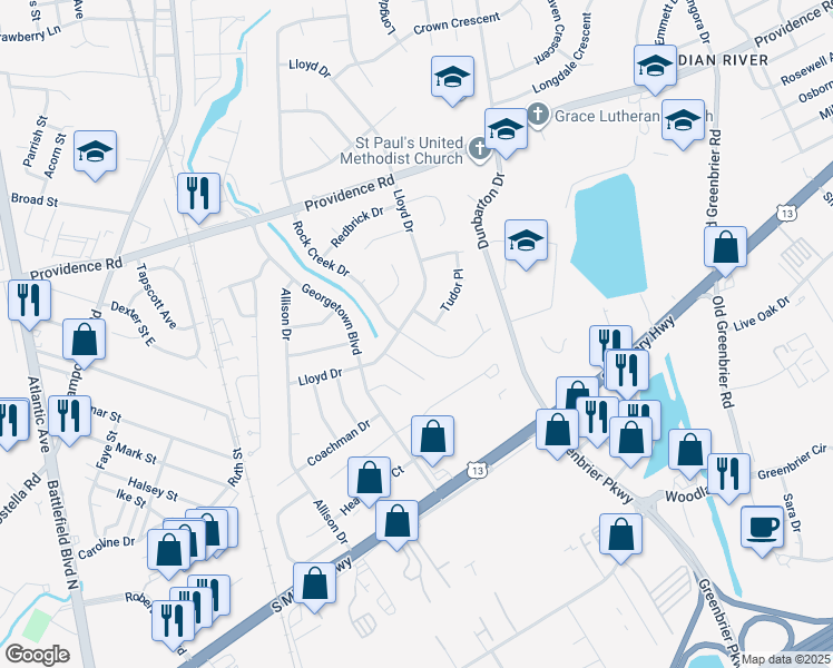 map of restaurants, bars, coffee shops, grocery stores, and more near 2135 Rock Creek Drive in Chesapeake