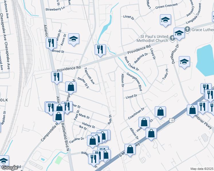 map of restaurants, bars, coffee shops, grocery stores, and more near 2820 Estella Way in Chesapeake