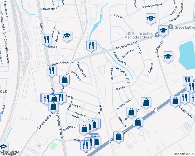 map of restaurants, bars, coffee shops, grocery stores, and more near 2820 Estella Way in Chesapeake