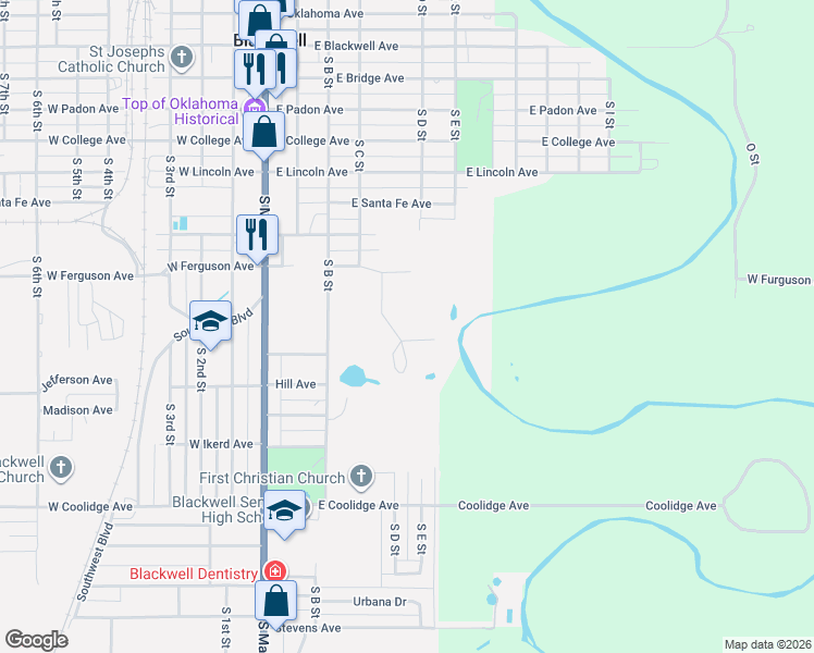 map of restaurants, bars, coffee shops, grocery stores, and more near 802 Hart Street in Blackwell