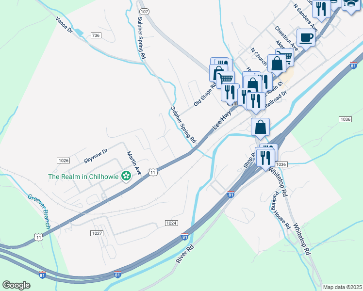 map of restaurants, bars, coffee shops, grocery stores, and more near 703 West Lee Highway in Chilhowie