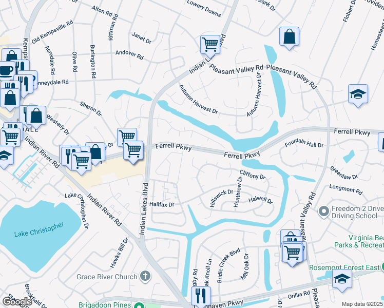 map of restaurants, bars, coffee shops, grocery stores, and more near 1405 Canis Bay Court in Virginia Beach