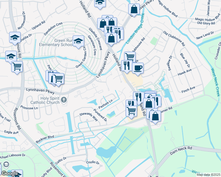 map of restaurants, bars, coffee shops, grocery stores, and more near 3424 Stirrup Way in Virginia Beach