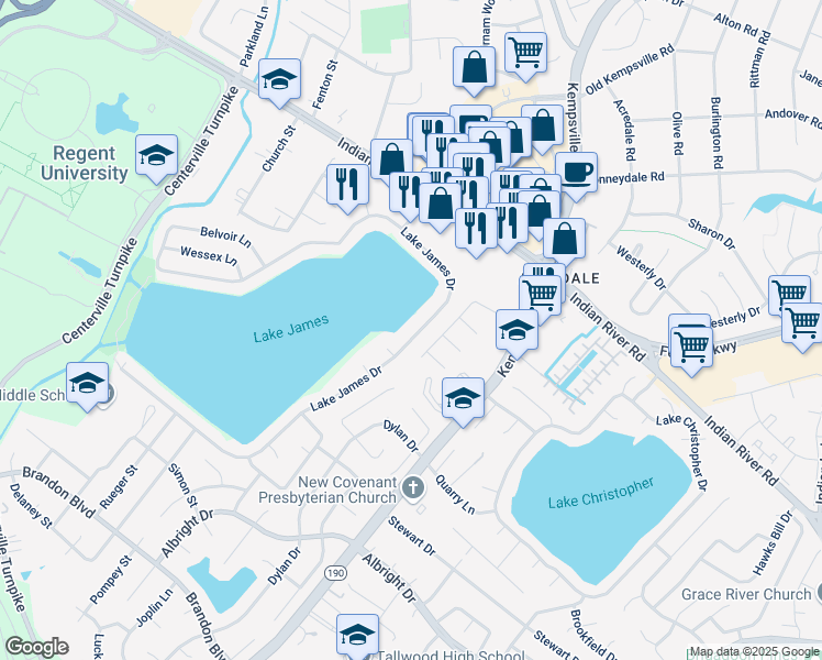 map of restaurants, bars, coffee shops, grocery stores, and more near 1373 Lake James Drive in Virginia Beach
