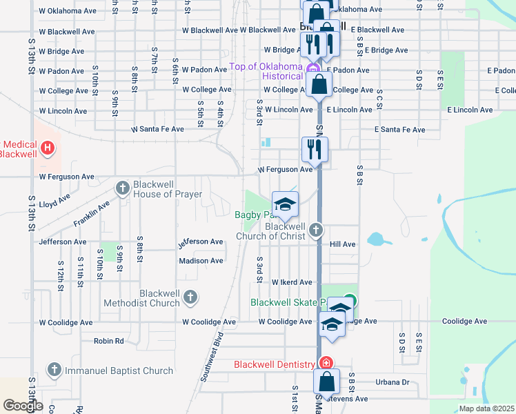 map of restaurants, bars, coffee shops, grocery stores, and more near in Blackwell