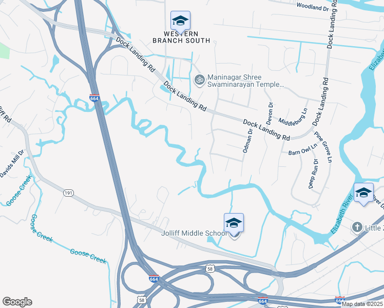 map of restaurants, bars, coffee shops, grocery stores, and more near 1500 Bateau Landing in Chesapeake
